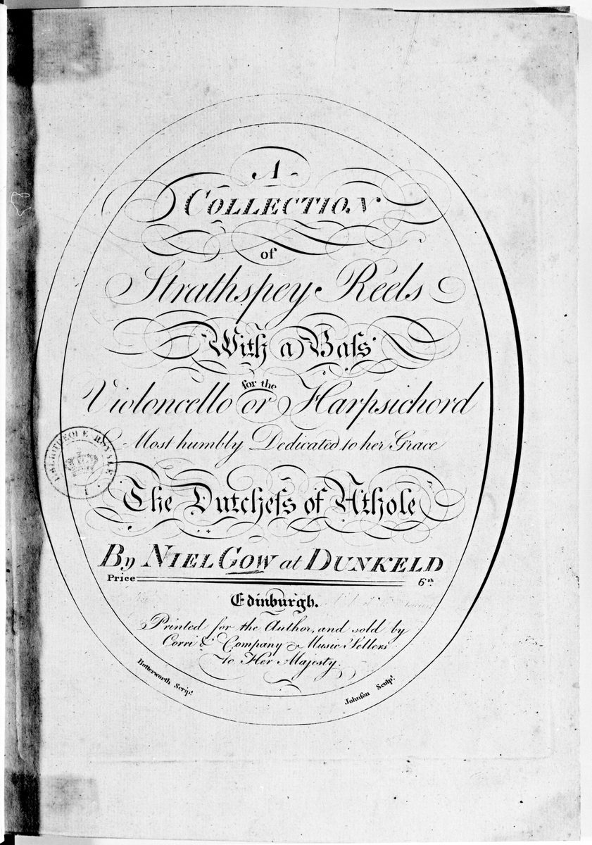 Engraved title page of Niel Gow's first collection of strathspey reels